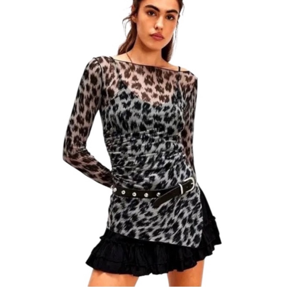 Free People Intimately Something Extra Leopard Print Sheer Tunic with Ruching